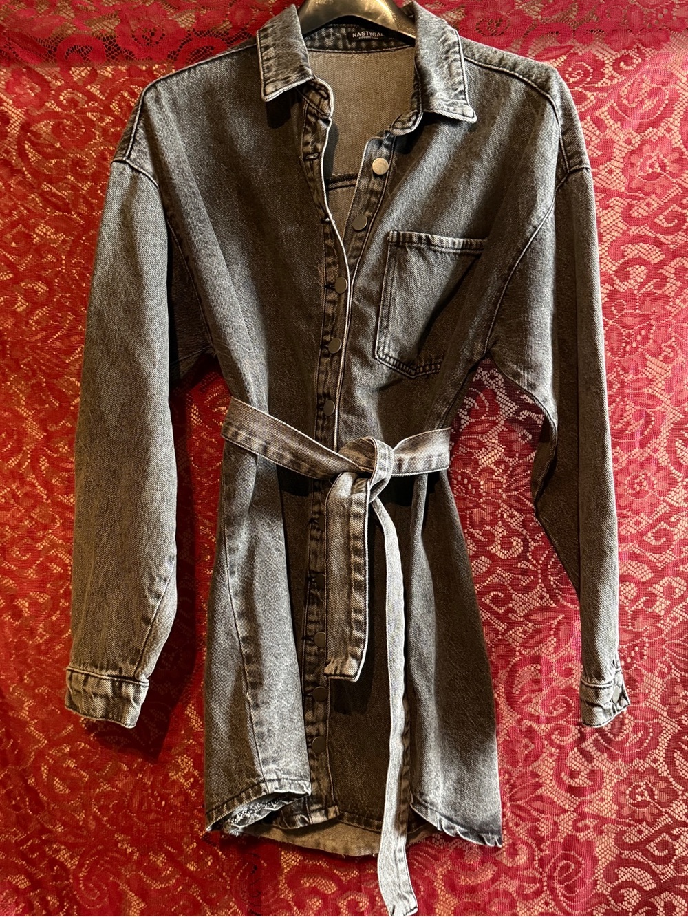 Nasty Gal Charcoal Black Belted Denim Shirt Dress Size US 4 Acid Wash Mini